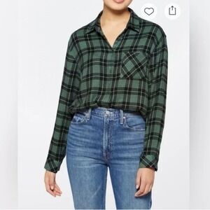 Market & Spruce Top Womens Size XL Plaid Button Down Long Sleeve Green Black